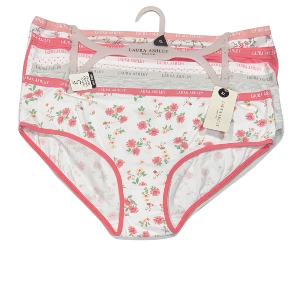 LAURA ASHLEY 5 Pack Panties 
Floral Bees Cotton Spandex Tag Free Pinks NWT XL